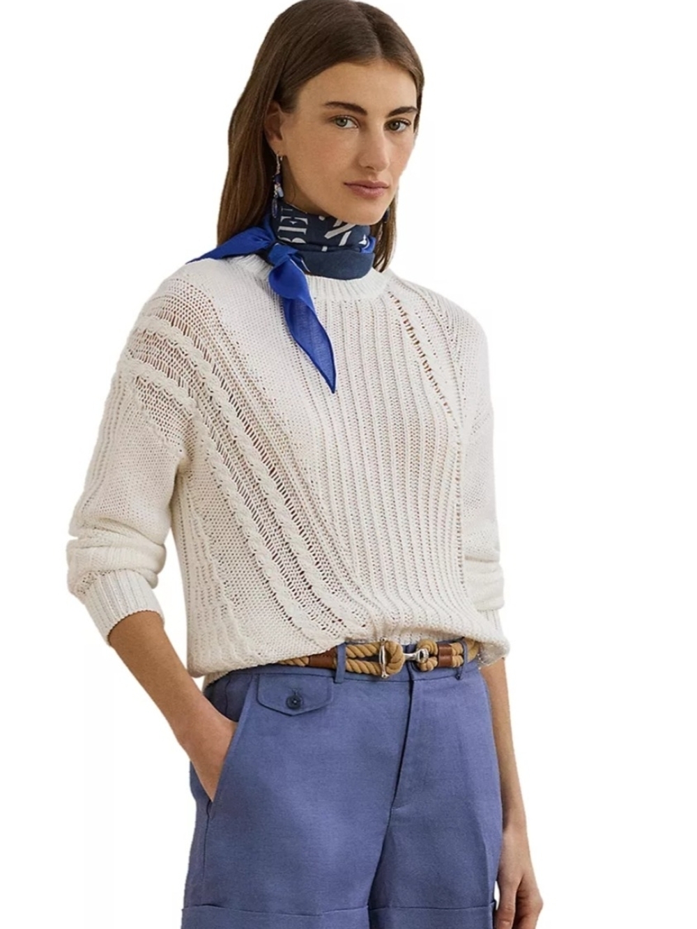 Lauren Ralph Lauren Womens White Cotton Cable Knit Sweater NWT Size L